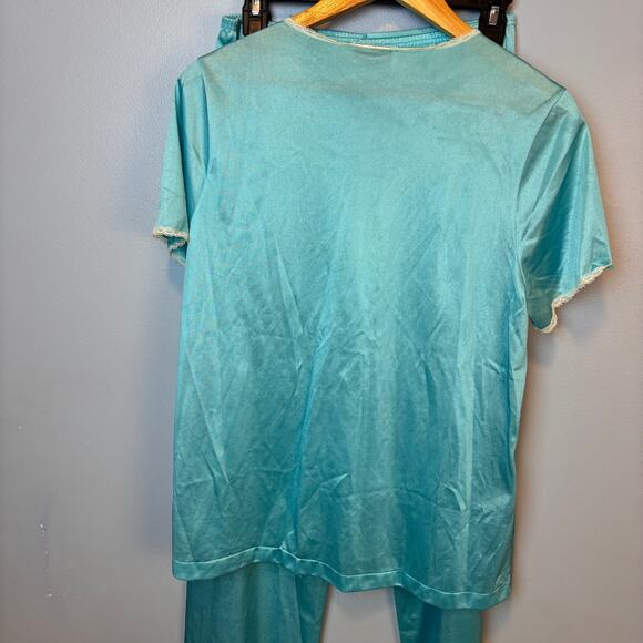 Vintage Vanity Fair Aqua Blue Pajamas 2 piece set Womens small Lace VNeck Button - Picture 4 of 9